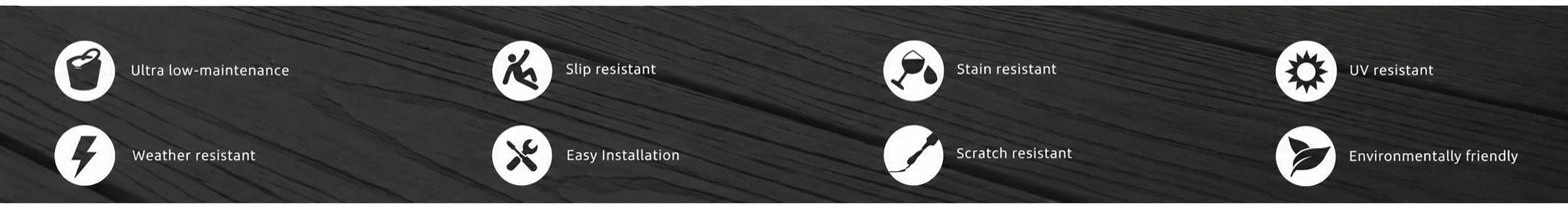 Ultra low-maintenance, slip resistant, stain resistant, UV resistant, weather resistant, easy installation, scratch resistant, environmentally friendly